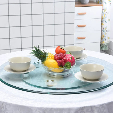 Large Round Glass Lazy Susan Turntable For Dining Tables 360 Degree Swivel Serving Tray Clear Tempered Glass 47 Inch Ideal For Banquets Parties And Family Dinners Smooth Low Noise Rotation with fruit bowl.
