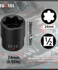 Heavy Duty One Half Drive Ep24 E Torx Plus Socket Six Point Female External with size markings and laser etching details.