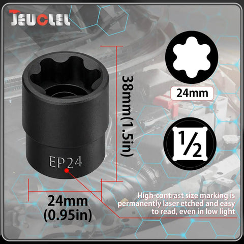 Heavy Duty One Half Drive Ep24 E Torx Plus Socket Six Point Female External with size markings and laser etching details.