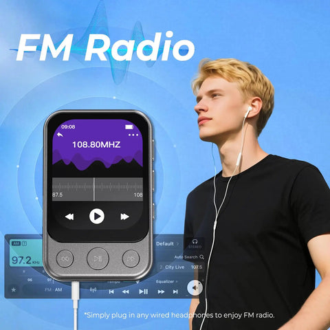 Person using 64GB Clip MP3 Player With Bluetooth 5.3 And Built In Speaker, 2 Inch IPS HD Touchscreen Plus Physical Buttons, FM Radio mode