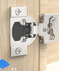 Soft Close Concealed Cabinet Hinges Half Inch Overlay 70 Pack 35 Pairs Durable Self Closing Quiet Hinges with DIY template shown on wood door.
