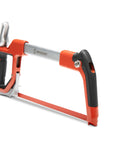 12 Inch Fast Tension Hacksaw With Dual Material Handle, visible ergonomic front grip, and blade storage slot