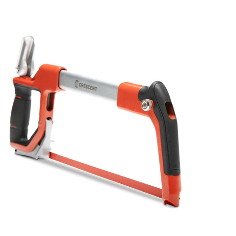 12 Inch Fast Tension Hacksaw With Dual Material Handle, visible ergonomic front grip, and blade storage slot