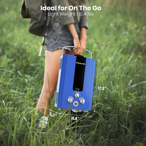 Person holding On Demand Propane Tankless Water Heater 6L Portable For RVs Boats And Campsites, ideal for camping.