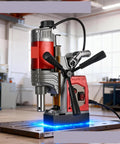 Heavy Duty Magnetic Drill Press With Variable Speed Control For Steel Metal Cutting And Fabrication on metallic surface.