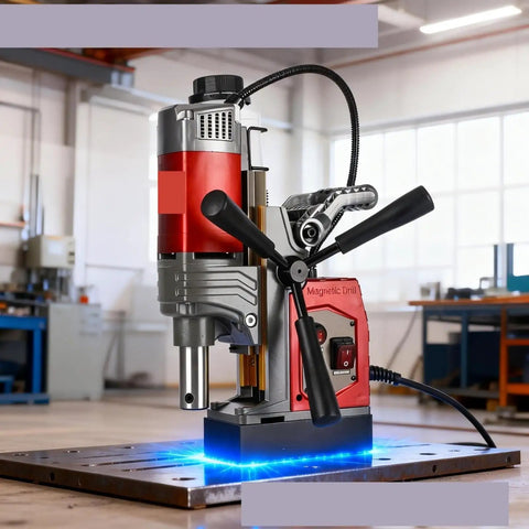 Heavy Duty Magnetic Drill Press With Variable Speed Control For Steel Metal Cutting And Fabrication on metallic surface.