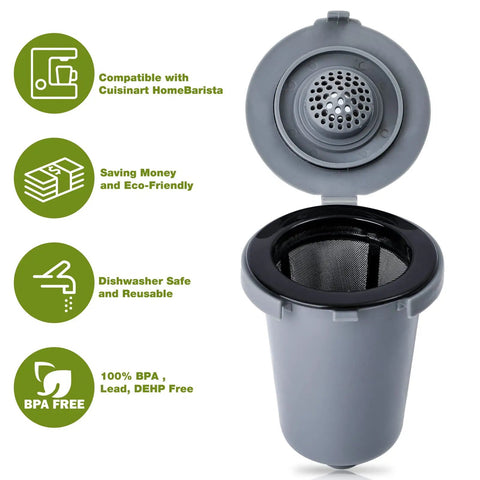 Two Pack Reusable Coffee Filter Cups For Single Serve Brewers Gray BPA Free Refillable Cup Filter For Home Barista Use No Waste Eco Friendly Daily Brews