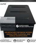 Beefy Heavy Duty Locking Ammo Can Storage Box, airtight and watertight steel case, military footlocker style, secure lid detail.