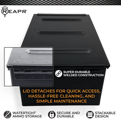 Beefy Heavy Duty Locking Ammo Can Storage Box, airtight and watertight steel case, military footlocker style, secure lid detail.