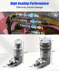 90 Degree Elbow Hydraulic Quick Connect Coupler Fittings 1/2 Inch Body Size To 3/8 Inch JIC Male Flat Face Skid Steer Couplings Set With Dust Cap Heavy Duty Hydraulic Quick Disconnect For Construction Forestry And Industrial Equipment shown in installation and detail views with dimensions.