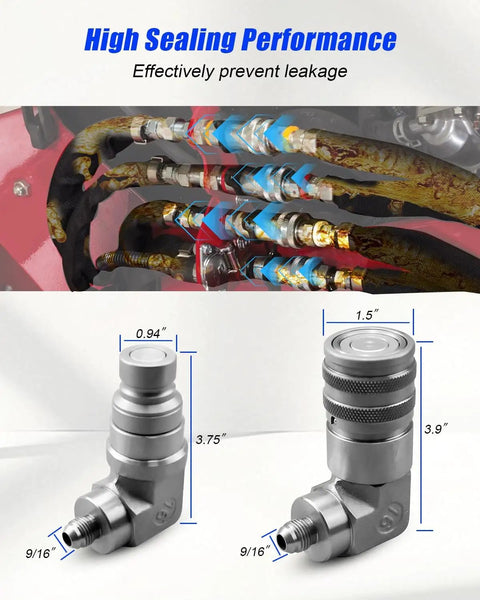 90 Degree Elbow Hydraulic Quick Connect Coupler Fittings 1/2 Inch Body Size To 3/8 Inch JIC Male Flat Face Skid Steer Couplings Set With Dust Cap Heavy Duty Hydraulic Quick Disconnect For Construction Forestry And Industrial Equipment shown in installation and detail views with dimensions.