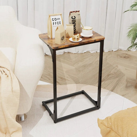C Shaped End Table for Couch and Small Spaces, Under Sofa Side Table That Slides, with coffee items, brown finish, in living room