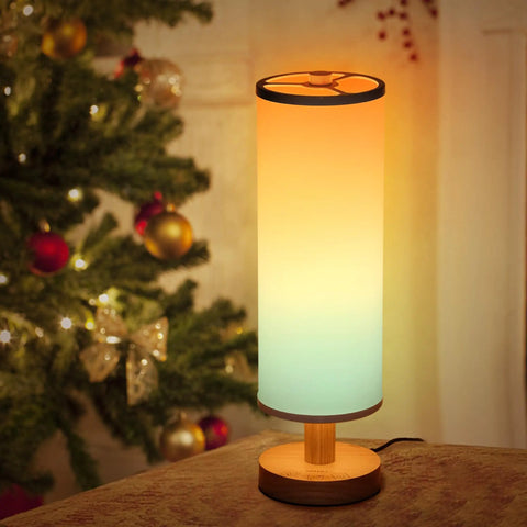 Smart RGB Table Lamp With Dimmable Warm To Cool White Light Remote And App Control Alexa Compatible Nightstand Lamp for Bedroom and Living Room next to Christmas tree