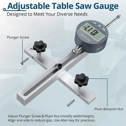 Badass Table Saw Alignment Gauge With Digital Dial Indicator Fits 3 4 Inch Miter Slot with adjustable plunger screw and plum nut for precision.