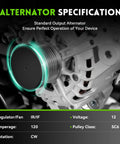 Close-up of new direct fit alternator replacement for Nissan Rogue 2014-2018 with 6 groove clutch pulley, clockwise rotation.
