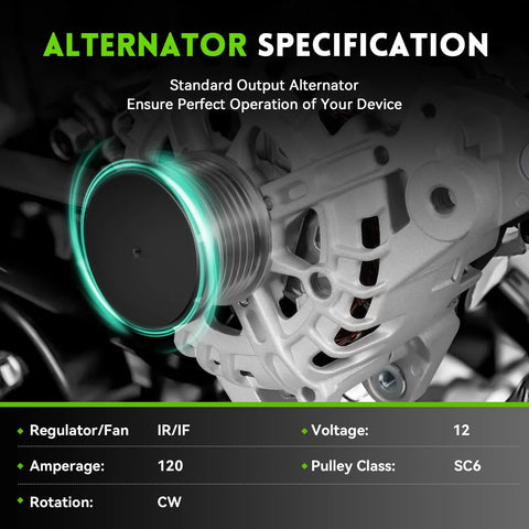 Close-up of new direct fit alternator replacement for Nissan Rogue 2014-2018 with 6 groove clutch pulley, clockwise rotation.