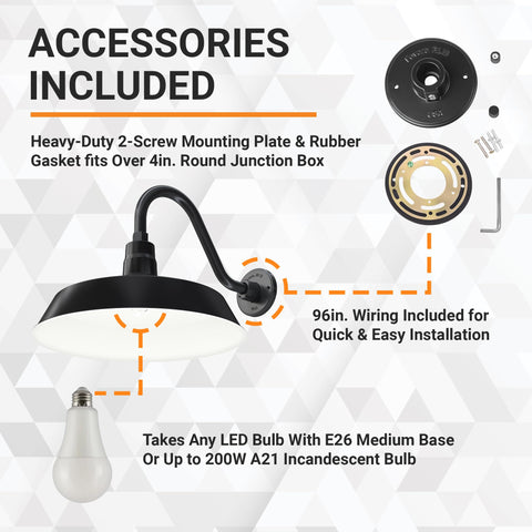 Outdoor Gooseneck Barn Light Fixture Satin Black With 17 Inch Shade And 14.5 Inch Extension Arm UL Listed installation accessories