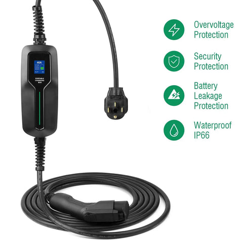 40 Amp Level 2 EV Charger Portable 9.6kW With NEMA 14 50 Outlet, 25ft Cable, LCD Display, Travel Ready Electric Vehicle Charging Station