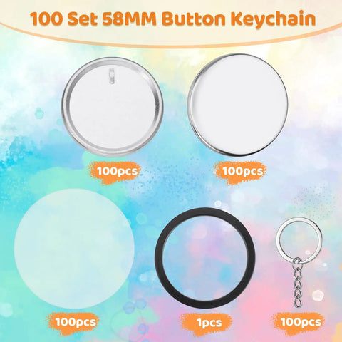 100 Set 58mm Button Maker Kit With Metal Shells Transparent Film Back Covers And Black Rings For DIY Button Keychains