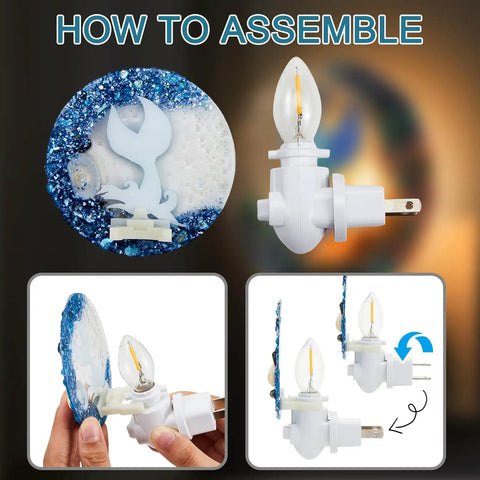 Assembly guide for Seashell Night Light Plug In Ocean Vibe Decor With Sea Turtle Ornament showcasing plug rotation and attachment.