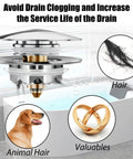 Upgraded Bathtub Drain Stopper With Hair Catcher Pop Up Tub Strainer Cover showing hair and valuables caught in strainer.