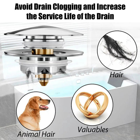 Upgraded Bathtub Drain Stopper With Hair Catcher Pop Up Tub Strainer Cover showing hair and valuables caught in strainer.