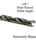Close-up of sharp drill bit with 118° four facet point, part of Two Pack Solid Carbide Drill Bits For Hardened Steel With K20 Tungsten Carbide.