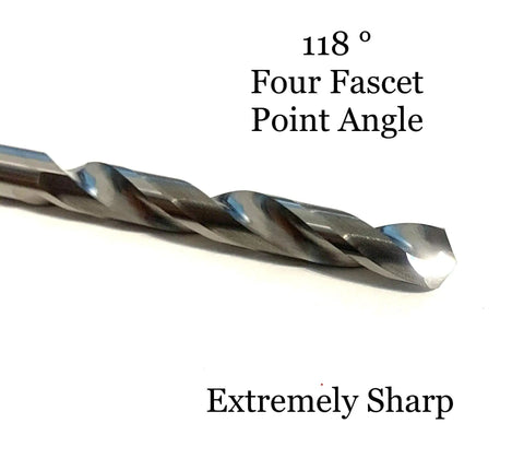 Close-up of sharp drill bit with 118° four facet point, part of Two Pack Solid Carbide Drill Bits For Hardened Steel With K20 Tungsten Carbide.