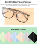Eyeglasses microfiber cleaning cloths, 7x6 in, 18-pack, multicolor; glasses on beige cloth with color swatches.