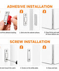Installation steps for Ultra Slim Magnetic Cabinet Door Catch Set Of 8 with adhesive and screw methods shown.