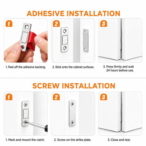 Installation steps for Ultra Slim Magnetic Cabinet Door Catch Set Of 8 with adhesive and screw methods shown.
