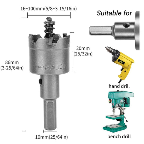 Pro Grade 23 Piece Carbide Hole Saw Kit With Pilot Bits From 5/8 to 4 Inch Set for Metal Wood Plastic Stainless Steel with drill compatibility diagram