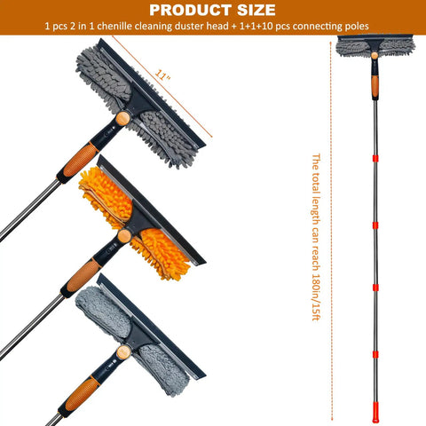 All in One Window Cleaning Kit With Twenty Foot Reach Squeegee Duster and Rotatable Pole with 11 inch chenille duster head