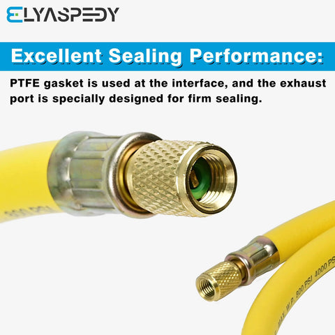Close-up of yellow 3/8-inch refrigerant hose with 1/4 in flare fittings (vacuum-certified)