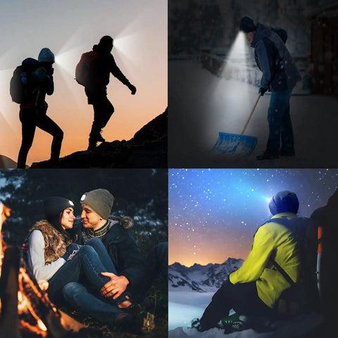 Led Light For Knit Beanie Hat With Hands Free Headlamp Rechargeable Battery Three Brightness Modes on hikers at dusk