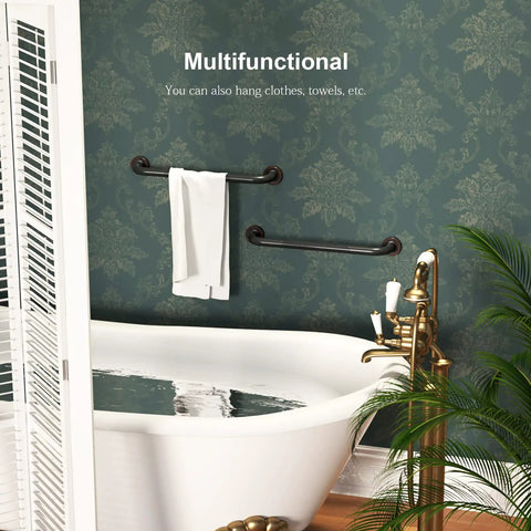 Two Pack 20 Inch Anti Slip Shower Grab Bar In Oil Rubbed Black Bronze And Antique Brass Finish, bath scene with towel