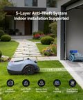 X2 Pro Auto Mapping Robot Lawn Mower showing anti-theft features and indoor installation, garden path view