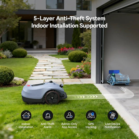 X2 Pro Auto Mapping Robot Lawn Mower showing anti-theft features and indoor installation, garden path view