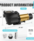 Dimensions and accessories of Hardwired Pool Pump 2.0HP Dual Voltage 115/230V For Inground And Above Ground Pools displayed