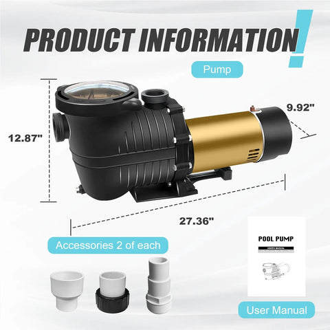Dimensions and accessories of Hardwired Pool Pump 2.0HP Dual Voltage 115/230V For Inground And Above Ground Pools displayed