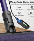 Ultra Wide Vacuum Dust Display Light With Auto Start Stop Center Mounted Reveals Hidden Dust And Pet Hair Works With Dyson And All Vacuums USB C Rechargeable Easy Setup Totally Handy For Cleaning, shown with magic tape quick mount, USB-C charging,and battery indicator.