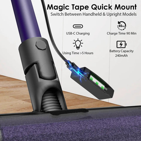Ultra Wide Vacuum Dust Display Light With Auto Start Stop Center Mounted Reveals Hidden Dust And Pet Hair Works With Dyson And All Vacuums USB C Rechargeable Easy Setup Totally Handy For Cleaning, shown with magic tape quick mount, USB-C charging,and battery indicator.