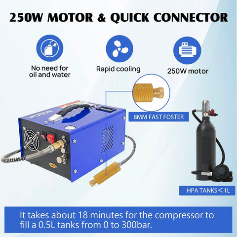 Portable PCP Air Compressor 4500 Psi 30 MPa Water And Oil Free Air Pump with 250W motor and quick connector
