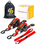 Retractable Ratchet Straps 1 Inch By 12 Feet Heavy Duty Tie Downs With 1800 Lbs Breaking Strength Each S Hooks Safety Clip Auto Retract For Moving Motorcycle Boat Kayak Cargo Pack Of 2 shown with storage bag and box