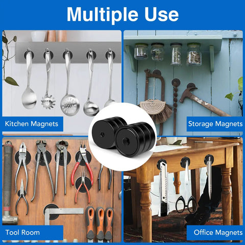 Ten Pack Neodymium Cup Magnets 150 Lb Pull With Countersunk Hole used in kitchen, storage, tool room, and office setups