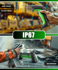 RD Series 2D QR Industrial Bluetooth Barcode Scanner With Charging Dock RD1950 in warehouse, showcasing IP67 water and dust protection.