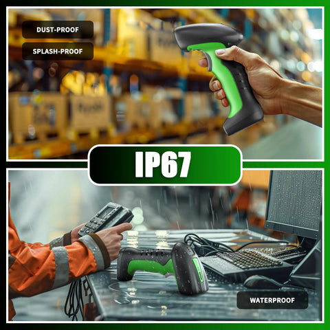 RD Series 2D QR Industrial Bluetooth Barcode Scanner With Charging Dock RD1950 in warehouse, showcasing IP67 water and dust protection.