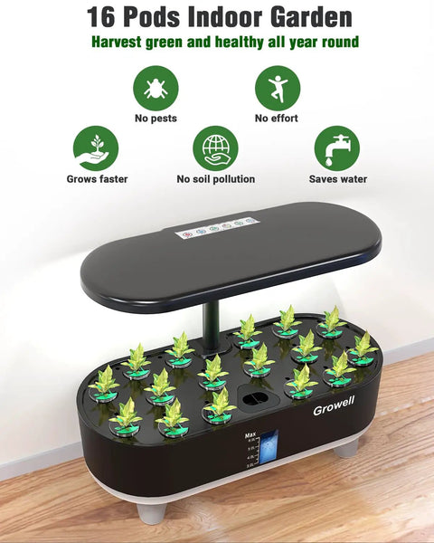 Hydroponics Growing System Kit With 16 Pods Indoor Garden, 28W Full Spectrum LED Grow Light, Auto Timer, 8L garden on wood floor