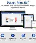 Avery Full Sheet Shipping Labels, front view; 8.5 x 11, matte clear, inkjet; 25 labels, shown on desktop/tablet/phone