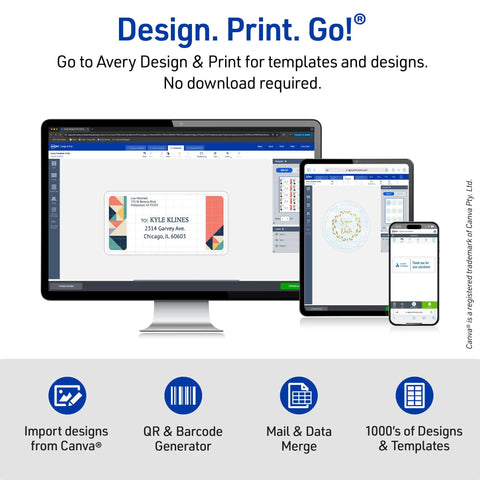Level Up Your Shipping Game With These Super Slick Printable Address Labels Designed With Hassle Free Sure Feed Tech Smooth Peeling 1X2 5/8 Customizable White Stickers 750 Count Premium Sheets For Everyday Organization Needs on computer screens showcasing Avery Design & Print.